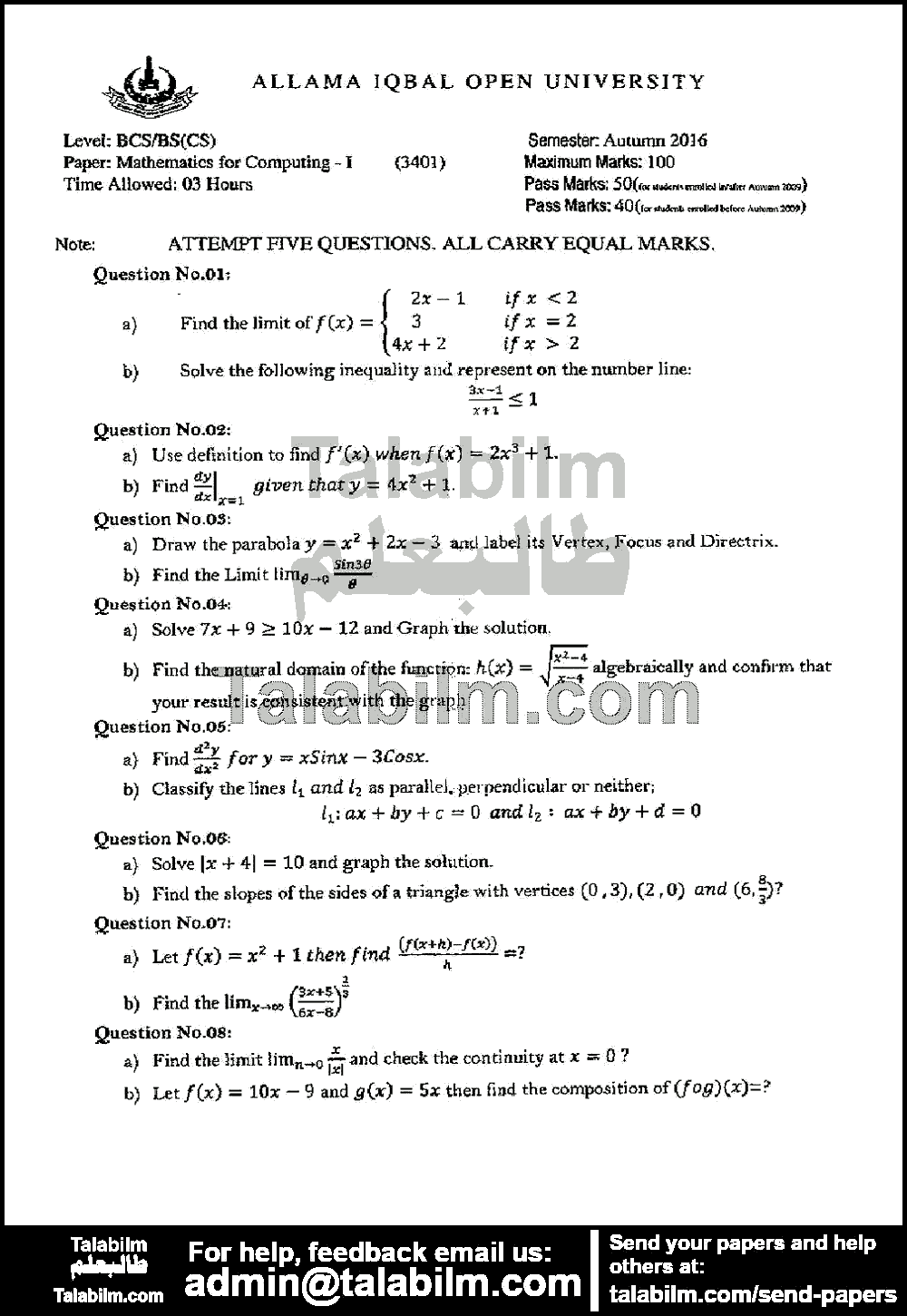 Mathematics for Computing-I 3401 past paper for Autumn 2016