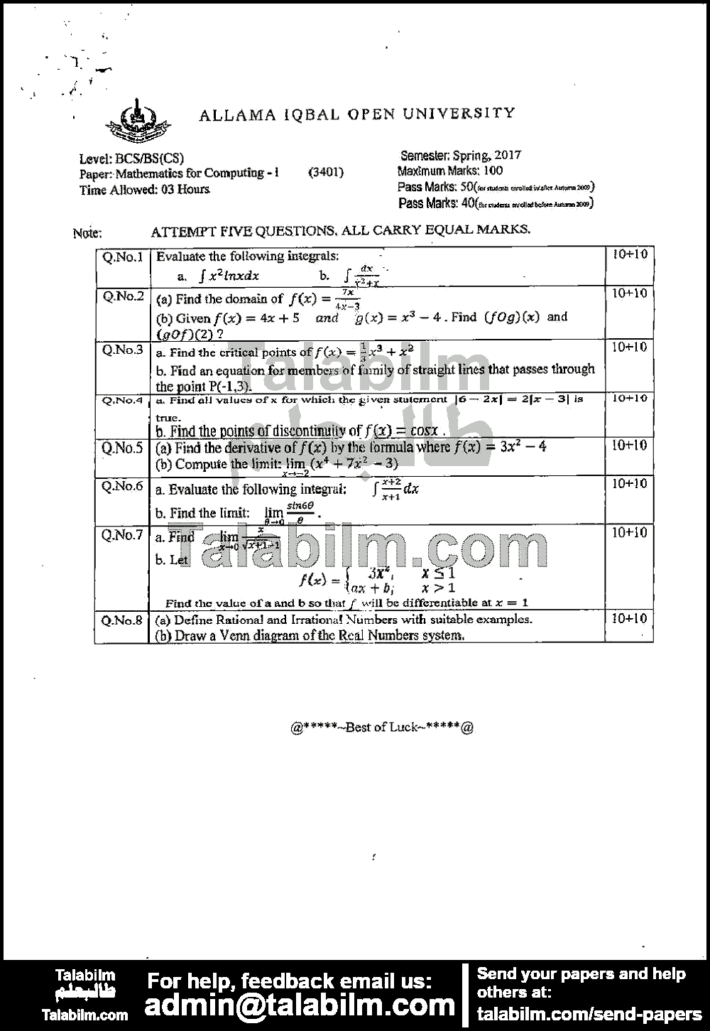 Mathematics for Computing-I 3401 past paper for Spring 2017