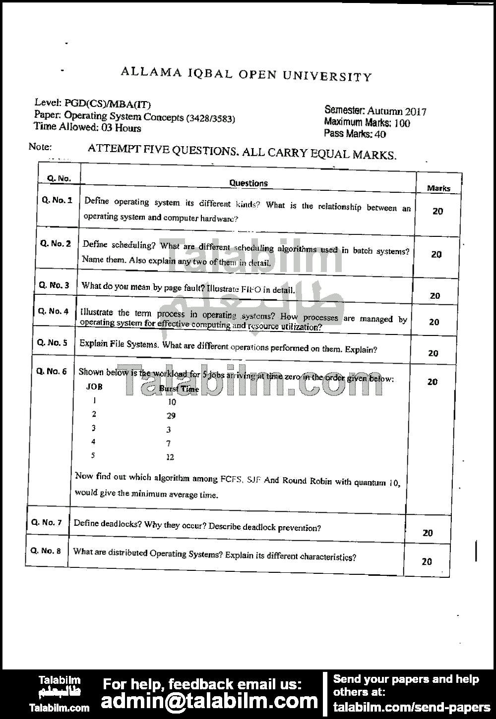 Operating Systems Concepts 3428 past paper for Autumn 2017 Page No. 2