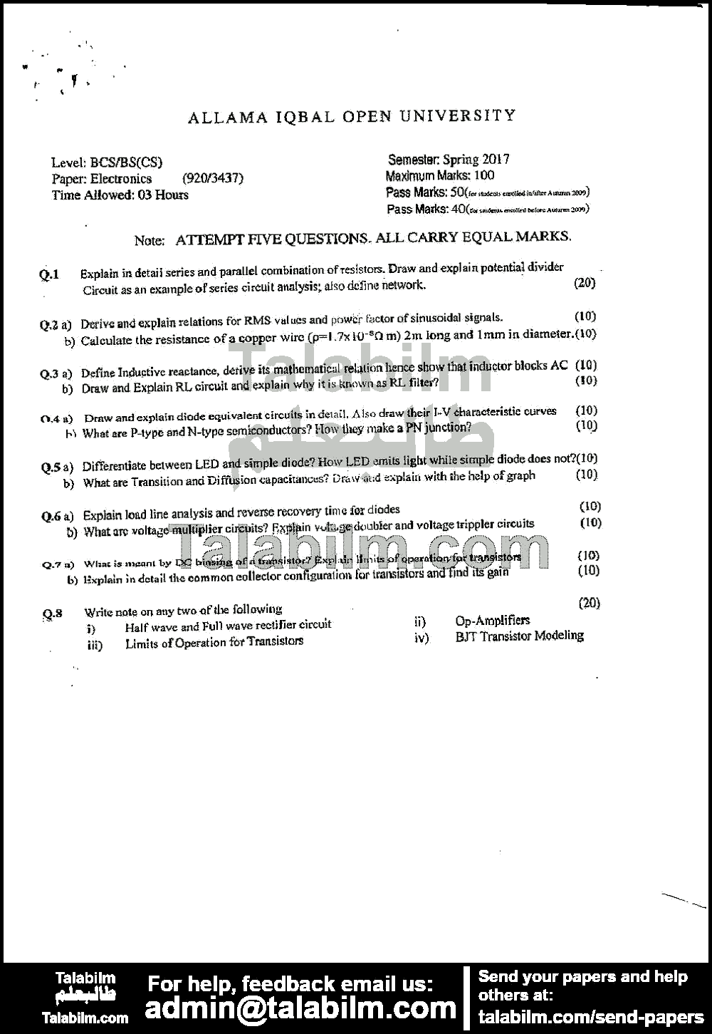 Basic Electronics 3437 past paper for Spring 2017