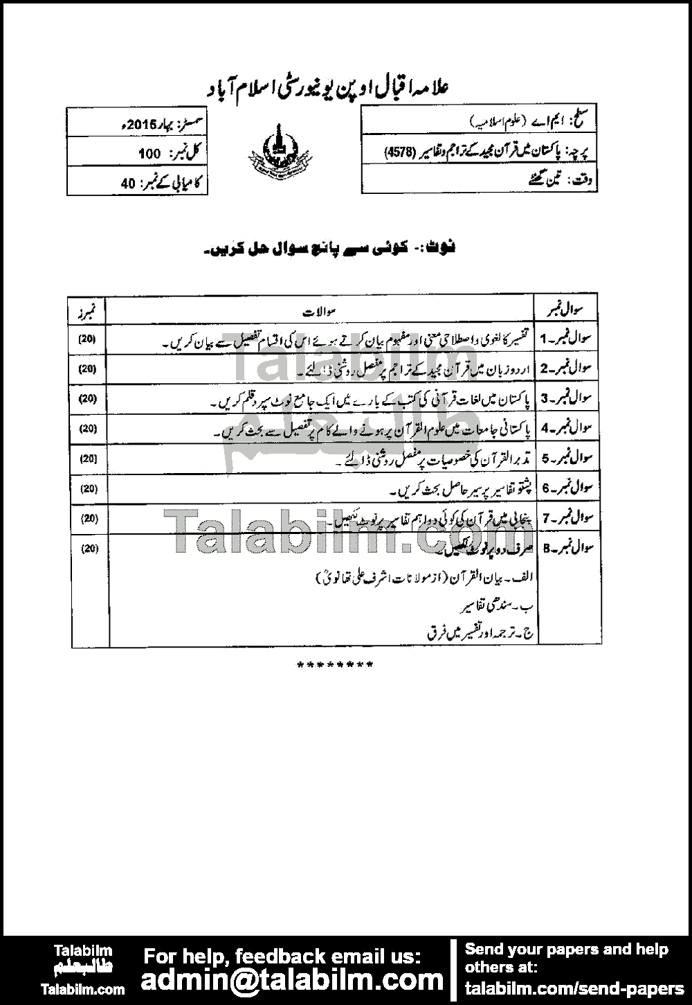 Pakistan Mai Quran Hakeem Ky Motrajim 4578 past paper for Spring 2015