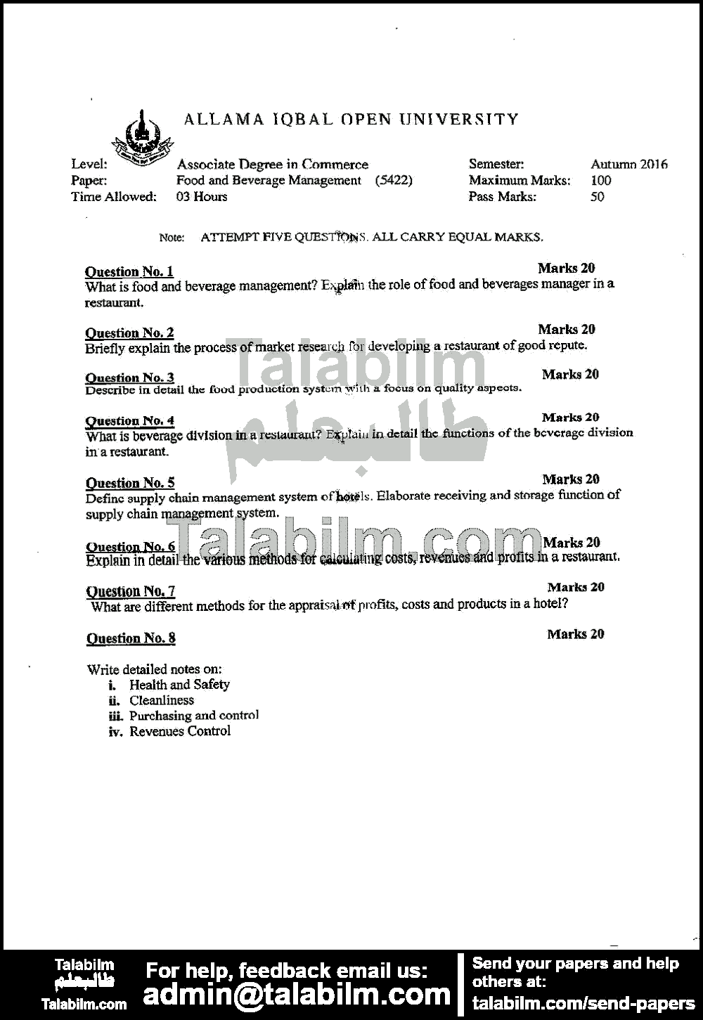 Food and Beverage Management 5422 past paper for Autumn 2016