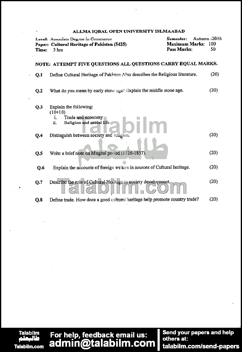 Cultural Heritage of Pakistan 5425 past paper for Autumn 2016