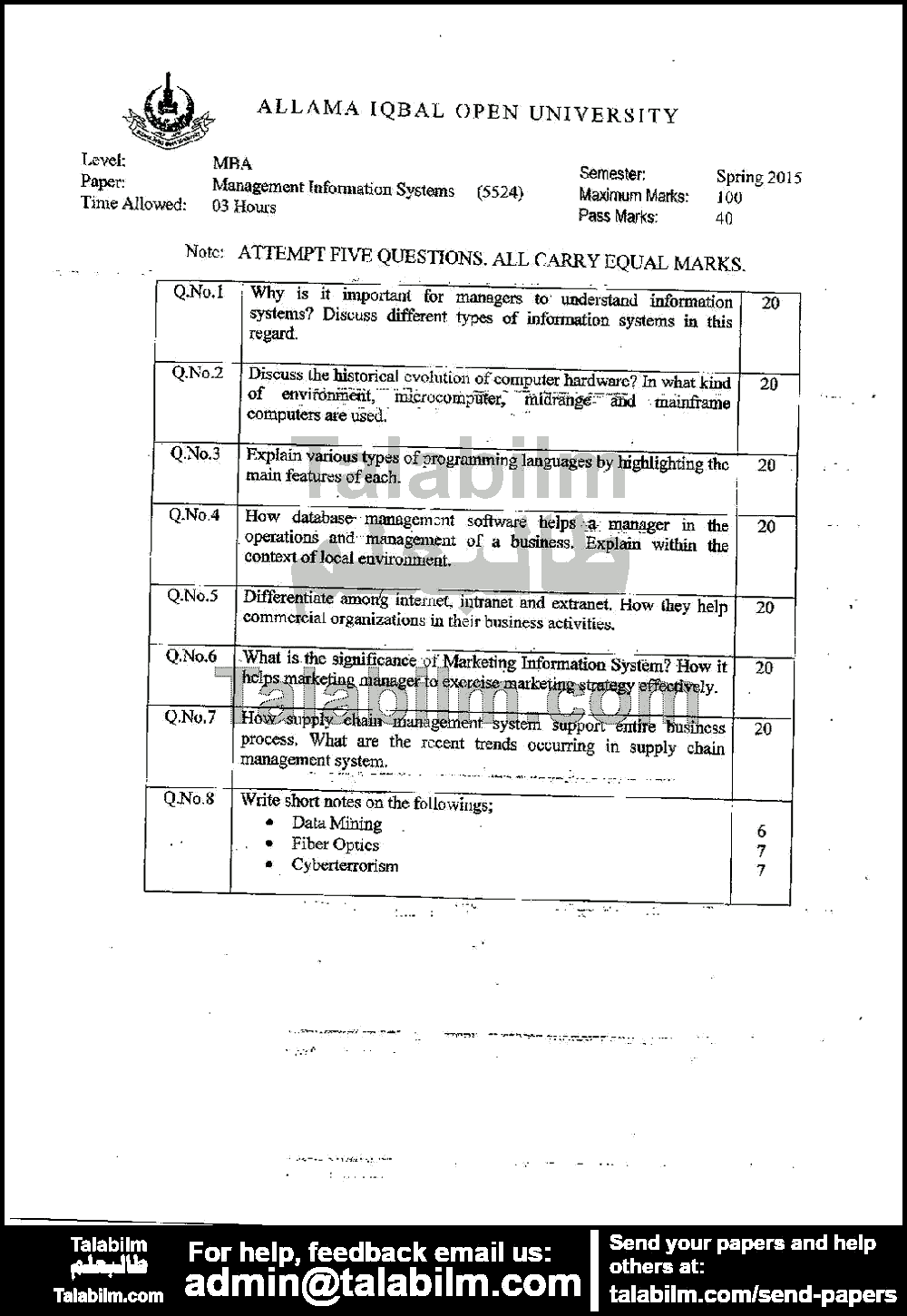 Management Information Systems 5524 past paper for Spring 2015