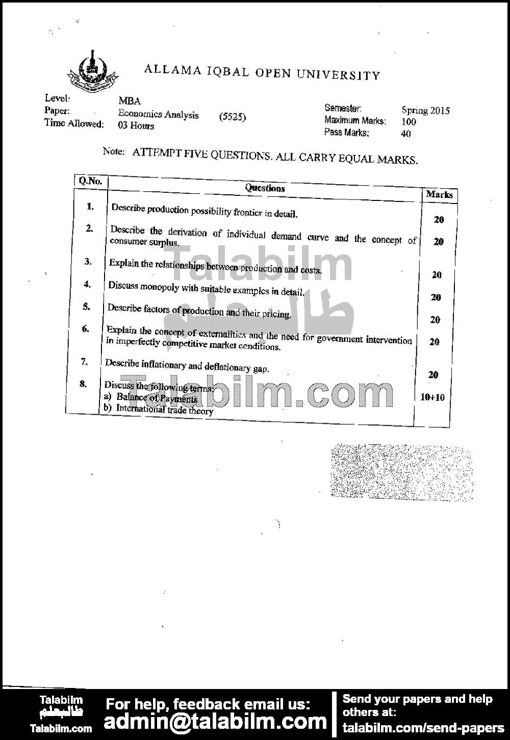 Economic Analysis 5525 past paper for Spring 2015