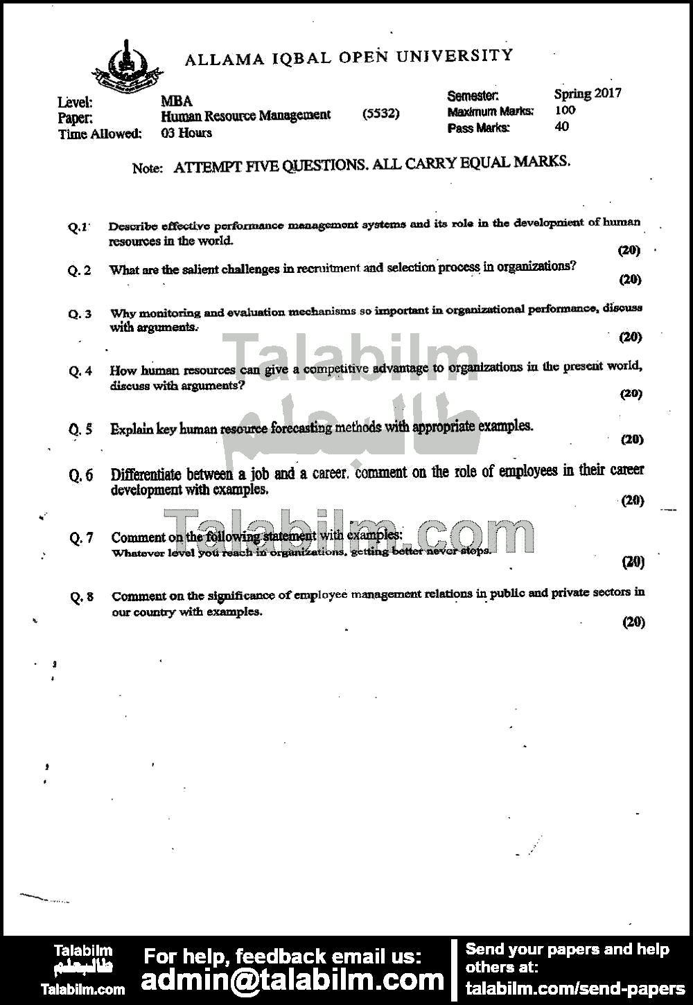 Human Resource Management 5532 past paper for Spring 2017