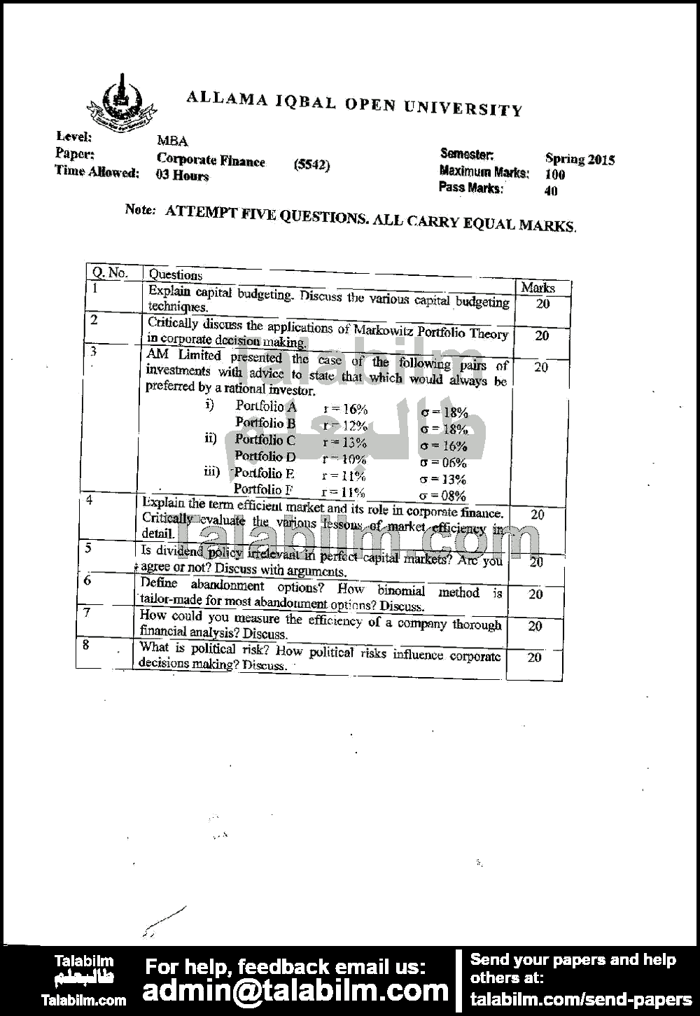 Corporate Finance 5542 past paper for Spring 2015