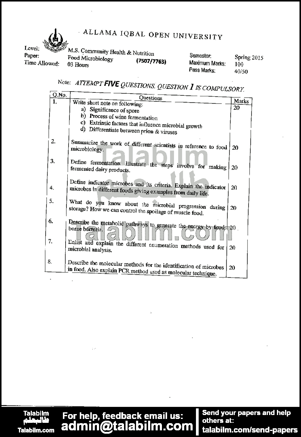 Food Microbiology-II 7763 past paper for Spring 2015