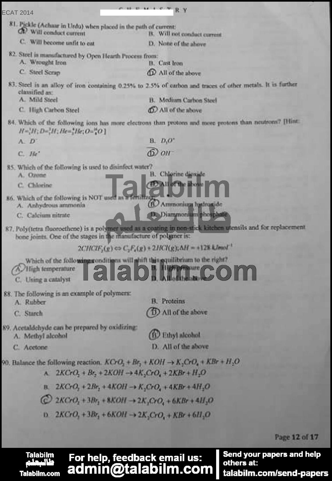 UET ECAT 0 past paper for 2014 Page No. 11