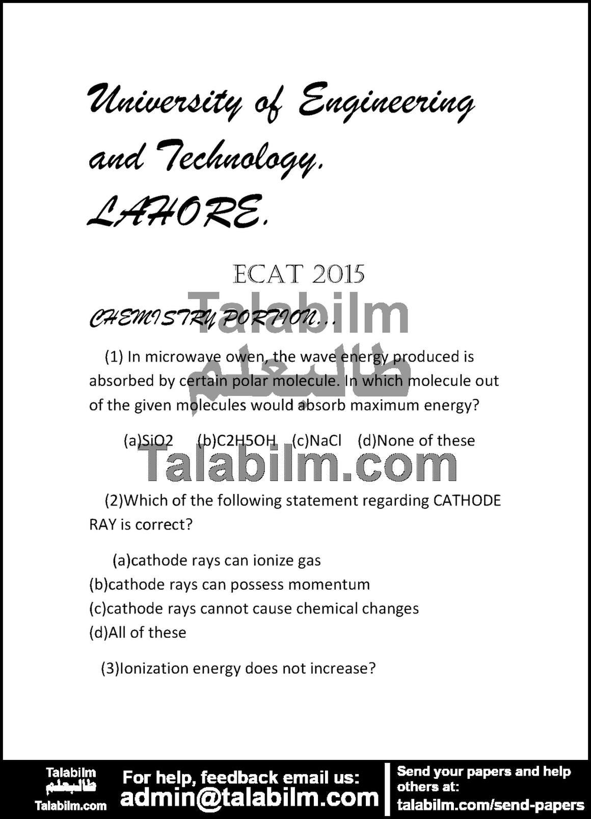 UET ECAT 0 past paper for 2015