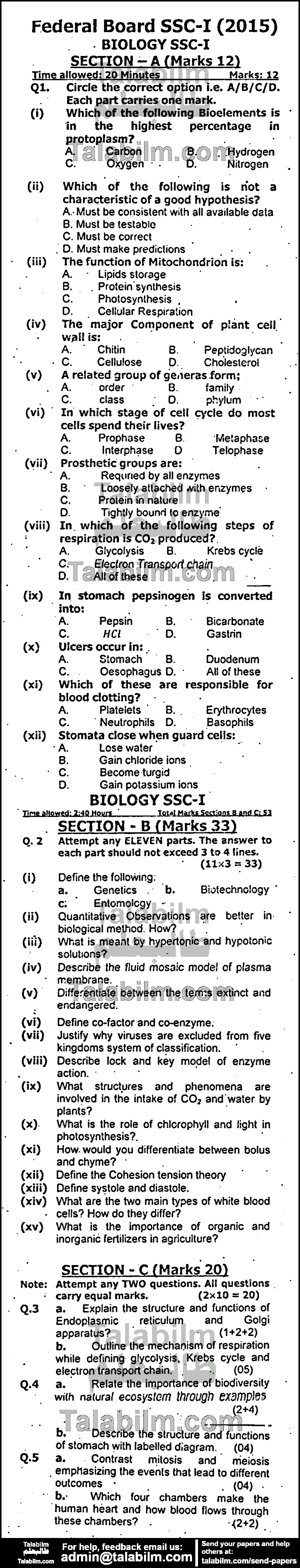Biology 0 past paper for 2015 Group-I