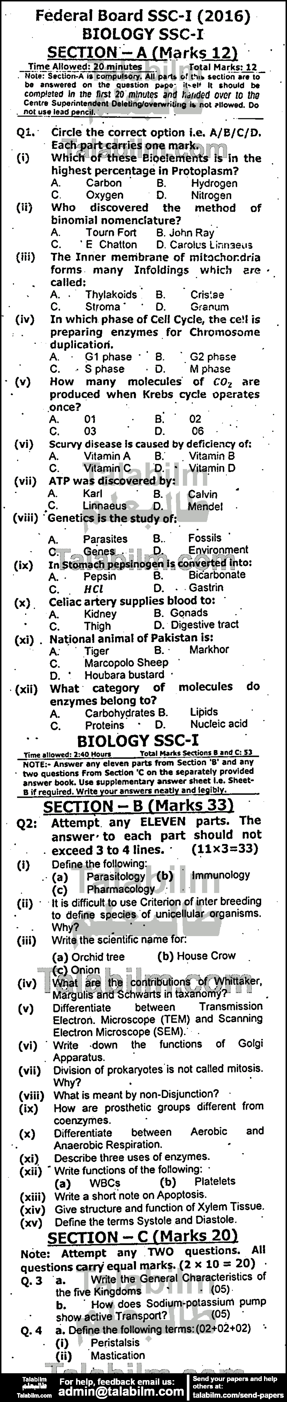 Biology 0 past paper for 2016 Group-I