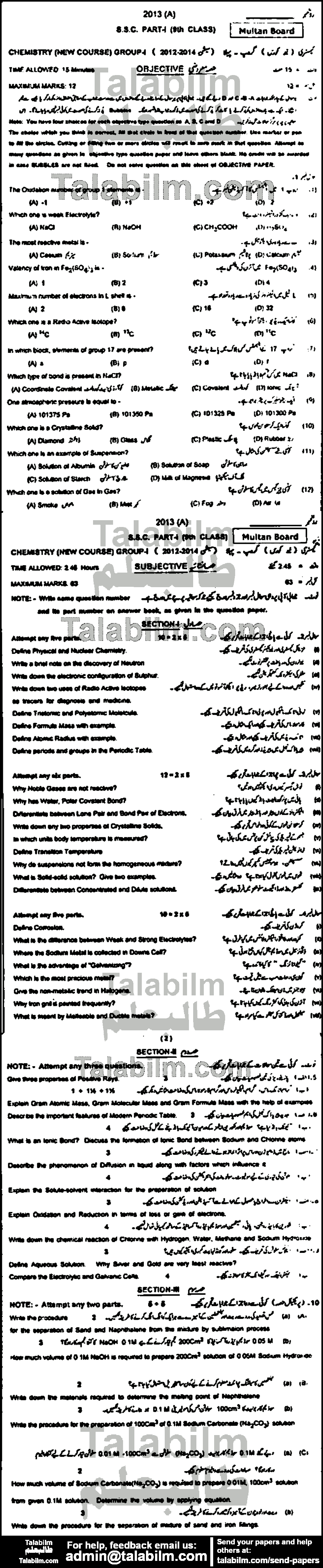 Chemistry 0 past paper for English Medium 2013 Group-I