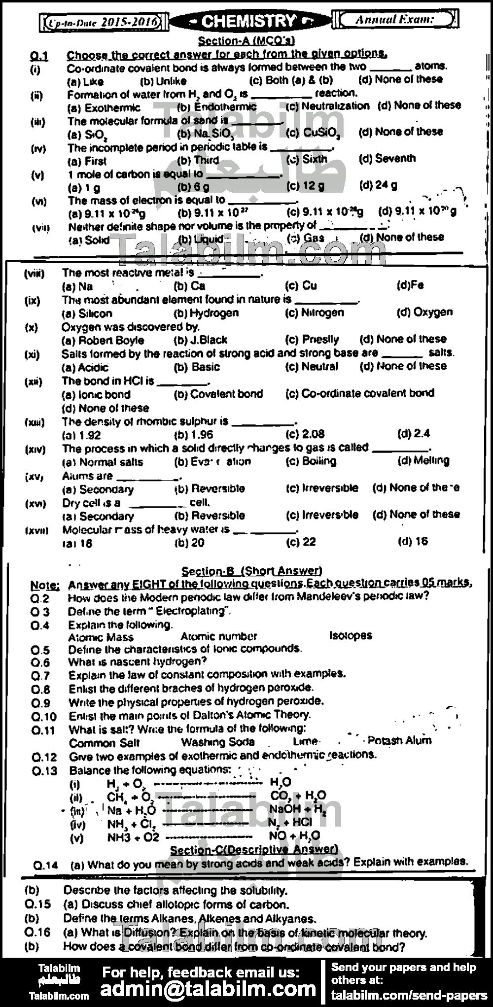 Chemistry 0 past paper for English Medium 2015 Group-I