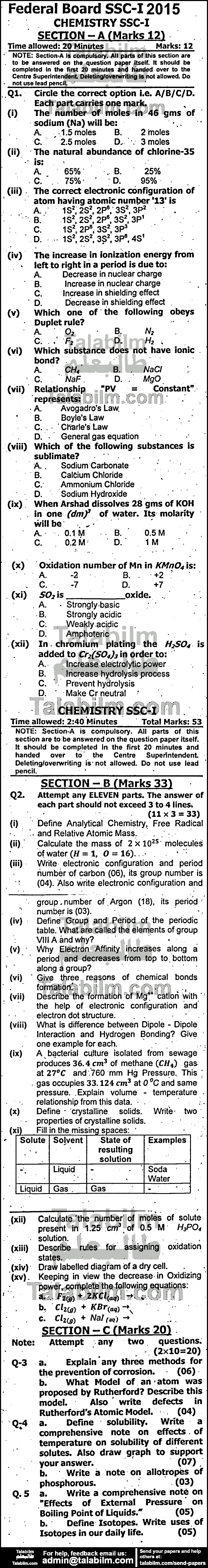 Chemistry 0 past paper for English Medium 2015 Group-I