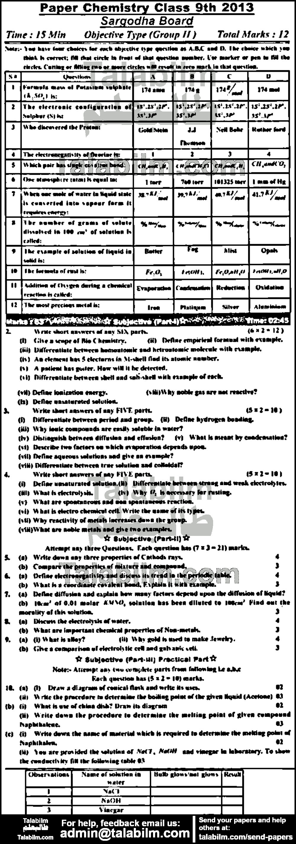 Chemistry 0 past paper for English Medium 2013 Group-II