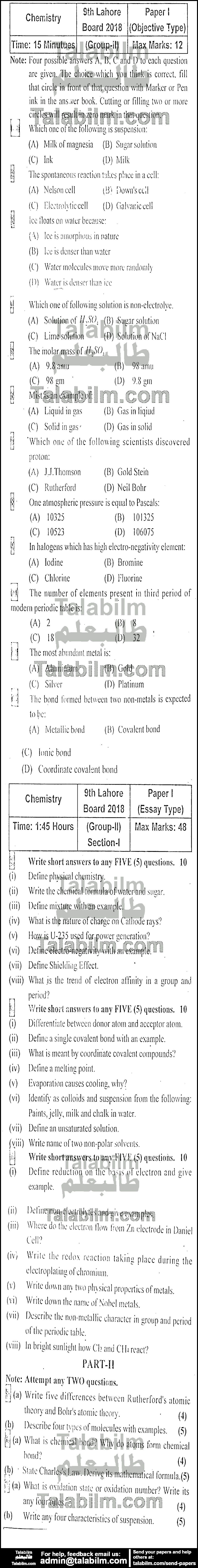 Chemistry 0 past paper for English Medium 2018 Group-II