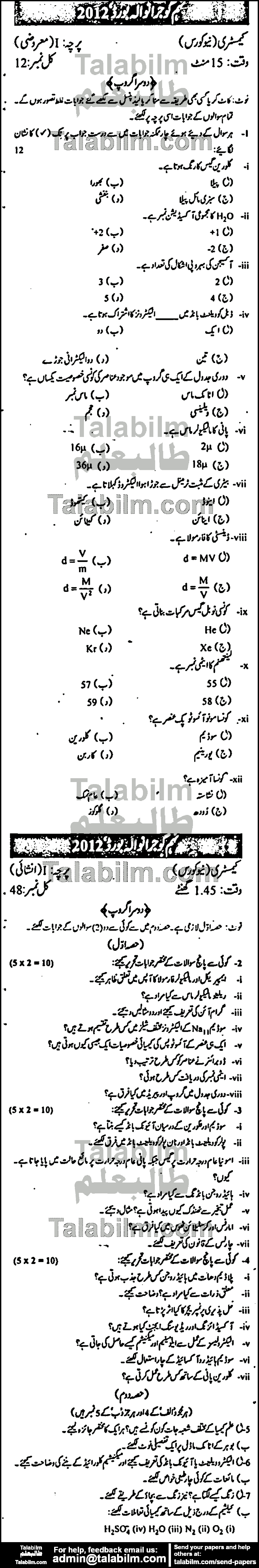 Chemistry 0 past paper for Urdu Medium 2012 Group-II