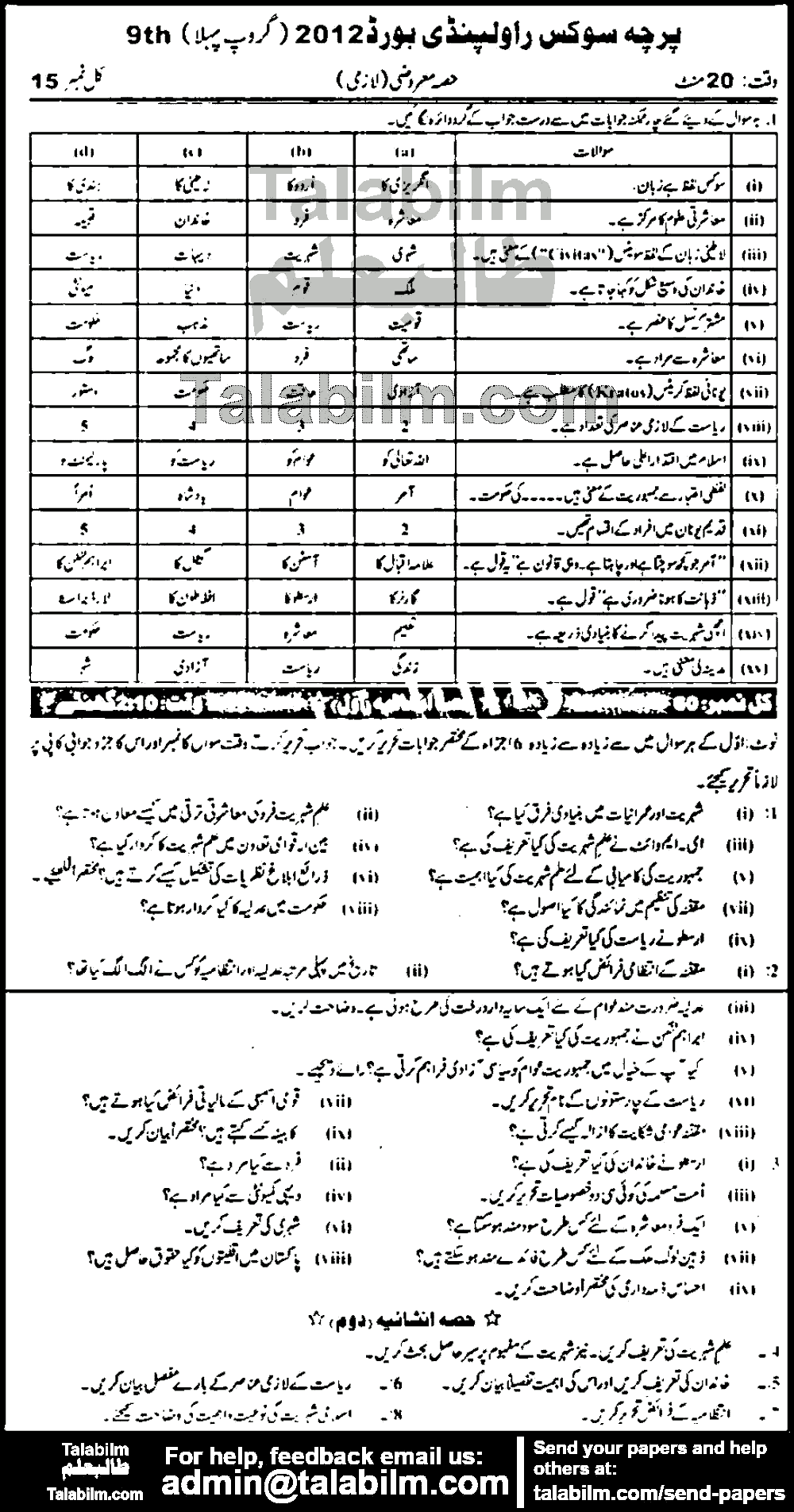 Civics 0 past paper for Urdu Medium 2012 Group-I