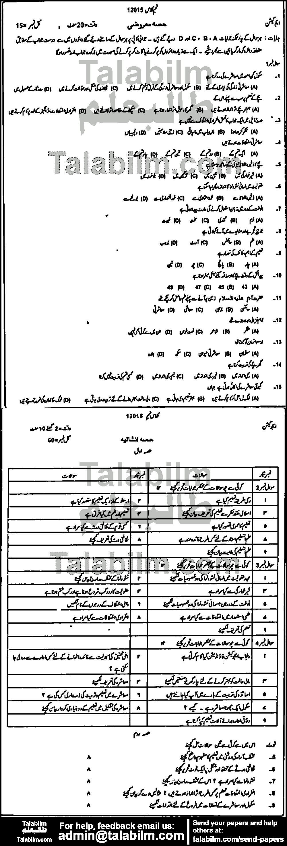 Education 0 past paper for Urdu Medium 2015 Group-I