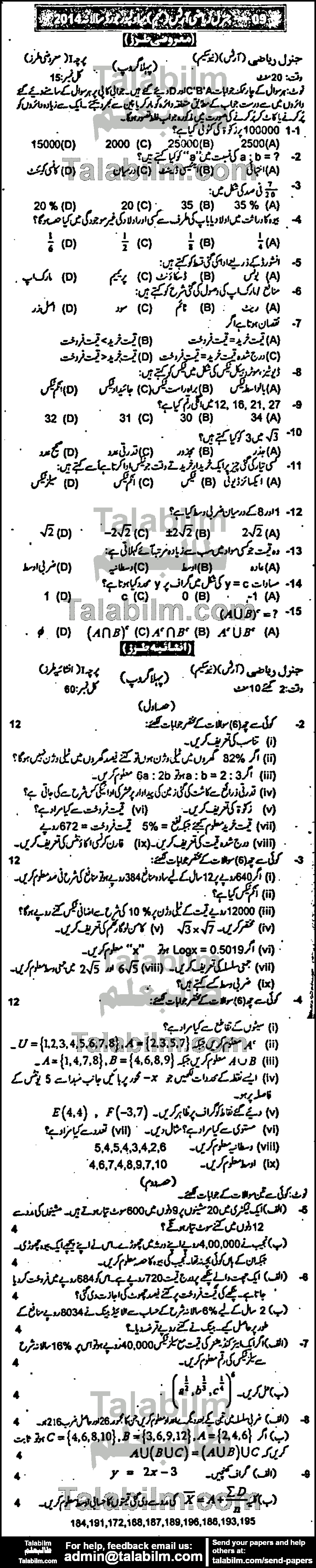 General Math 0 past paper for Urdu Medium 2014 Group-I