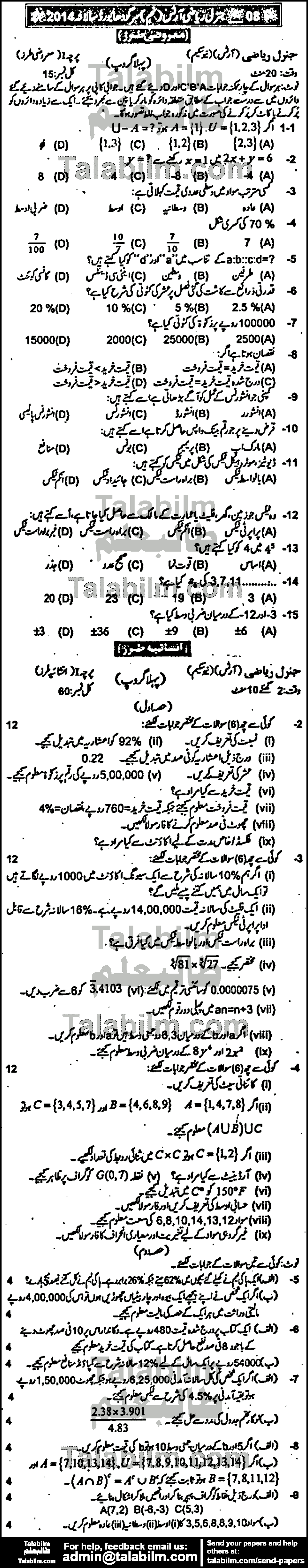 General Math 0 past paper for Urdu Medium 2014 Group-I