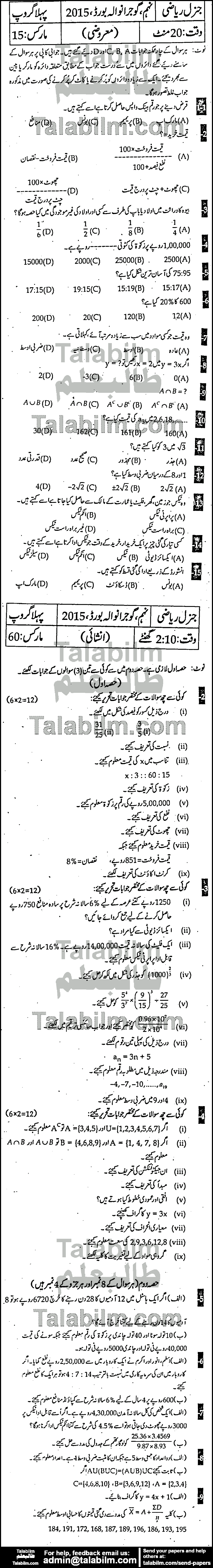 General Math 0 past paper for Urdu Medium 2015 Group-I