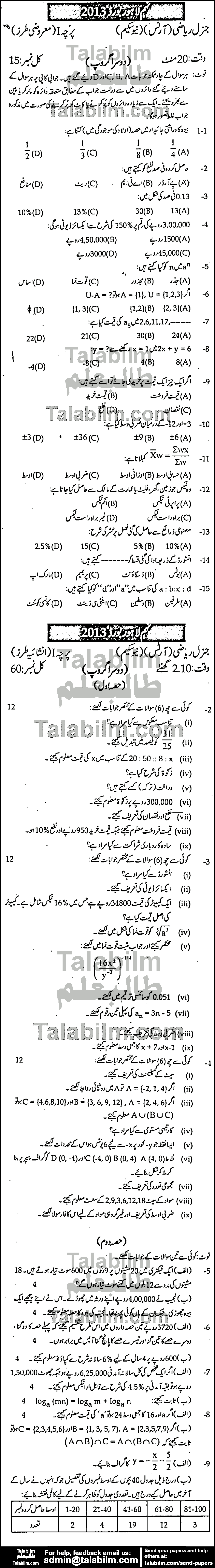 General Math 0 past paper for Urdu Medium 2013 Group-II