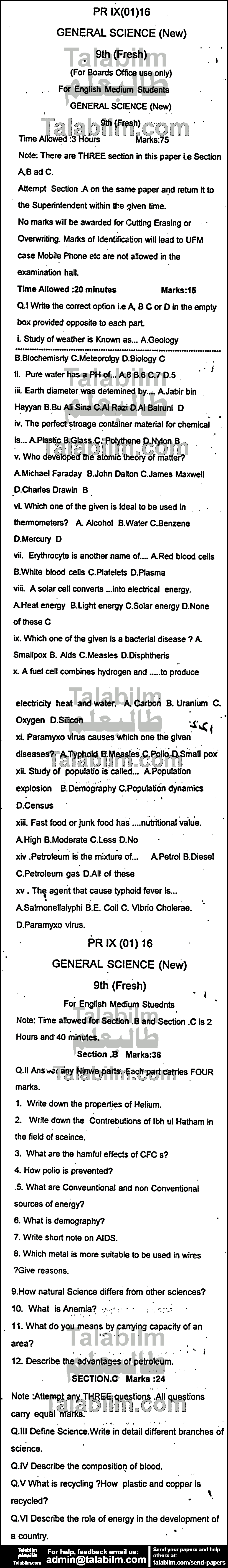 General Science 0 past paper for English Medium 2016 Group-I