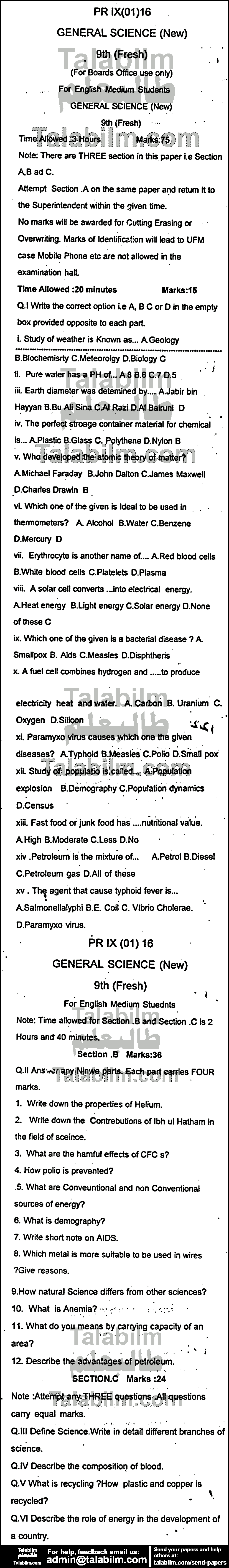 General Science 0 past paper for English Medium 2016 Group-I