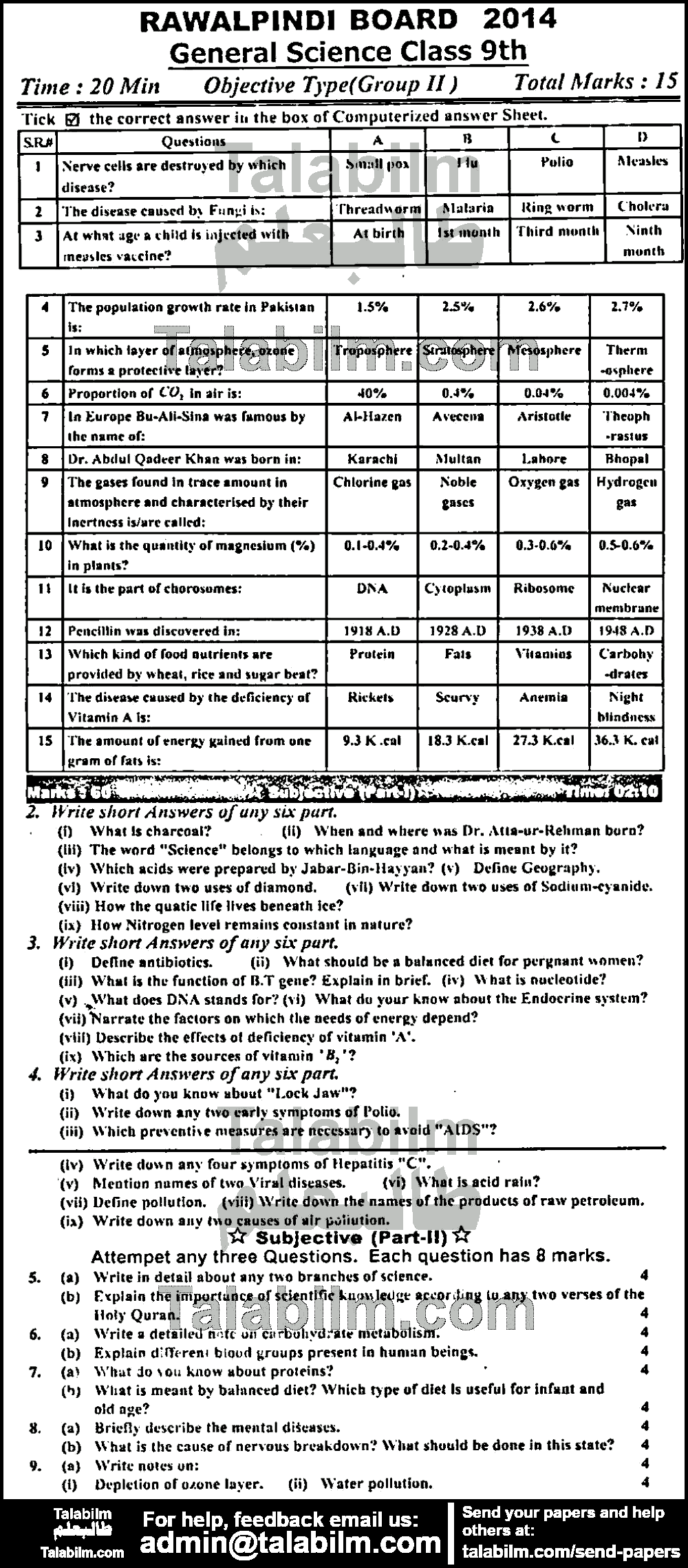 General Science 0 past paper for English Medium 2014 Group-II