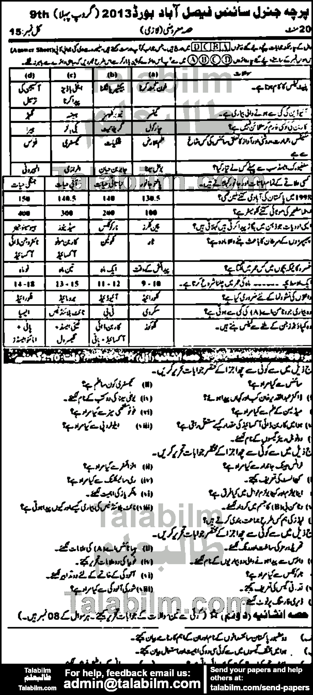 General Science 0 past paper for Urdu Medium 2013 Group-I