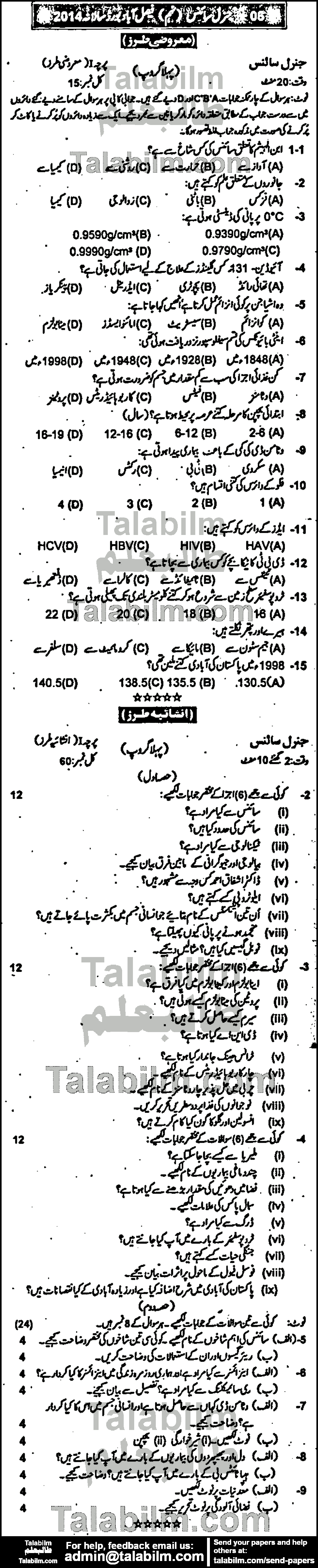 General Science 0 past paper for Urdu Medium 2014 Group-I