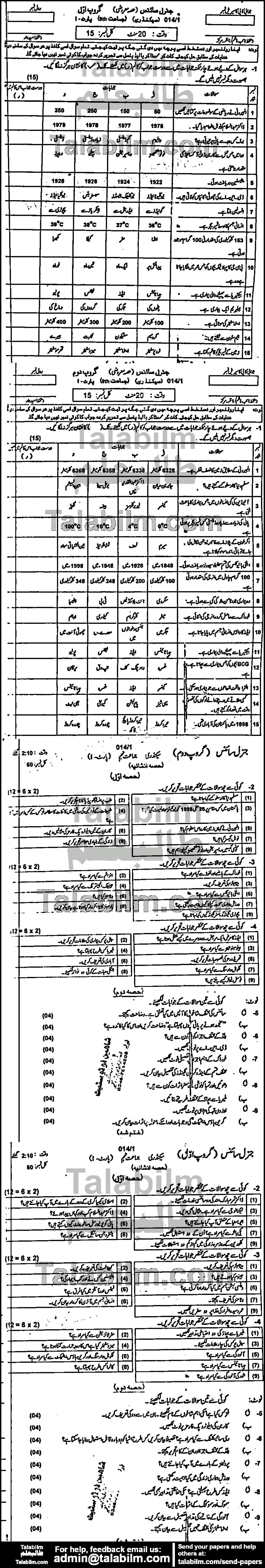 General Science 0 past paper for Urdu Medium 2014 Group-I