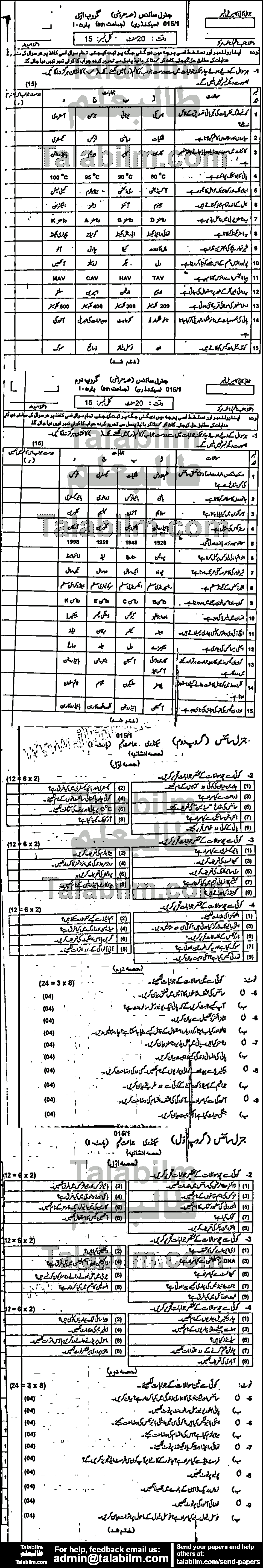 General Science 0 past paper for Urdu Medium 2015 Group-I