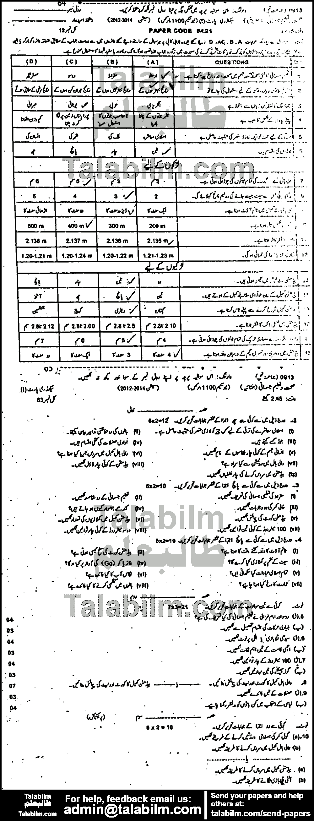 Health And Physical Education 0 past paper for Urdu Medium 2013 Group-I
