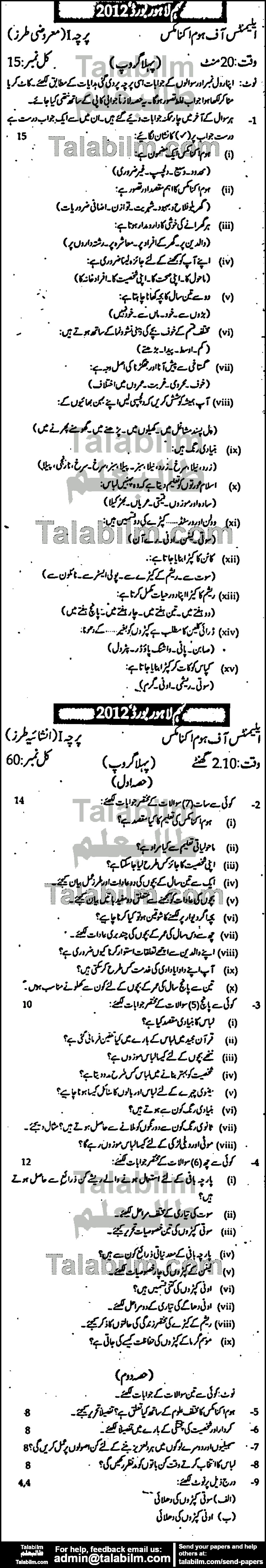 Home Economics 0 past paper for Urdu Medium 2012 Group-I