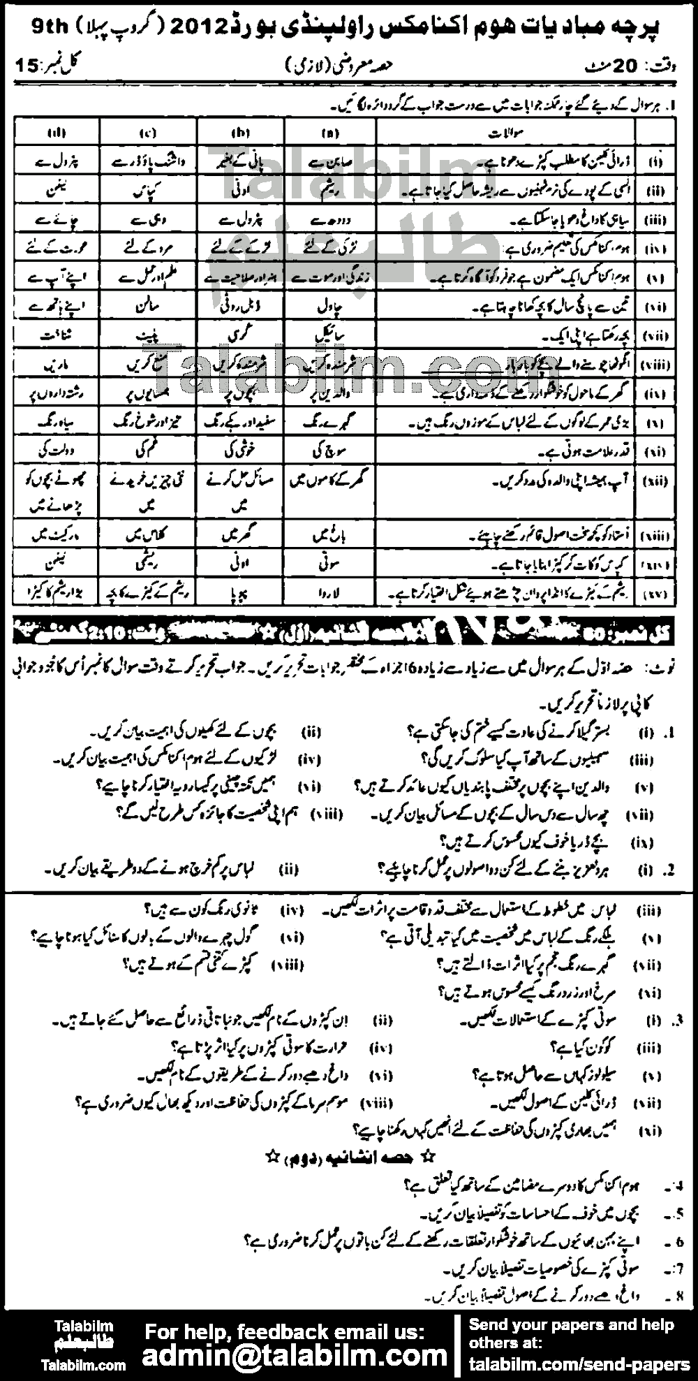 Home Economics 0 past paper for Urdu Medium 2012 Group-I