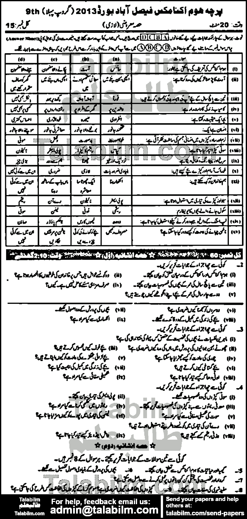 Home Economics 0 past paper for Urdu Medium 2013 Group-I