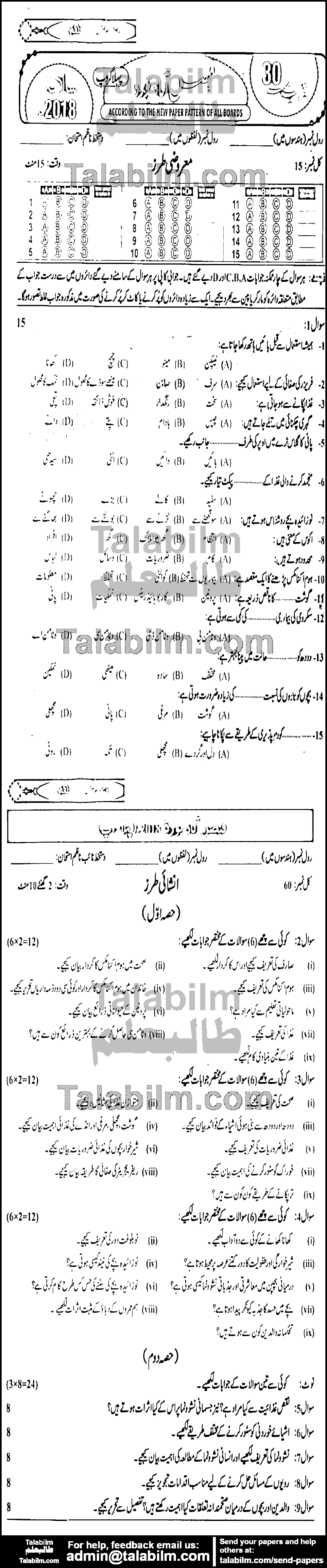 Home Economics 0 past paper for Urdu Medium 2018 Group-I