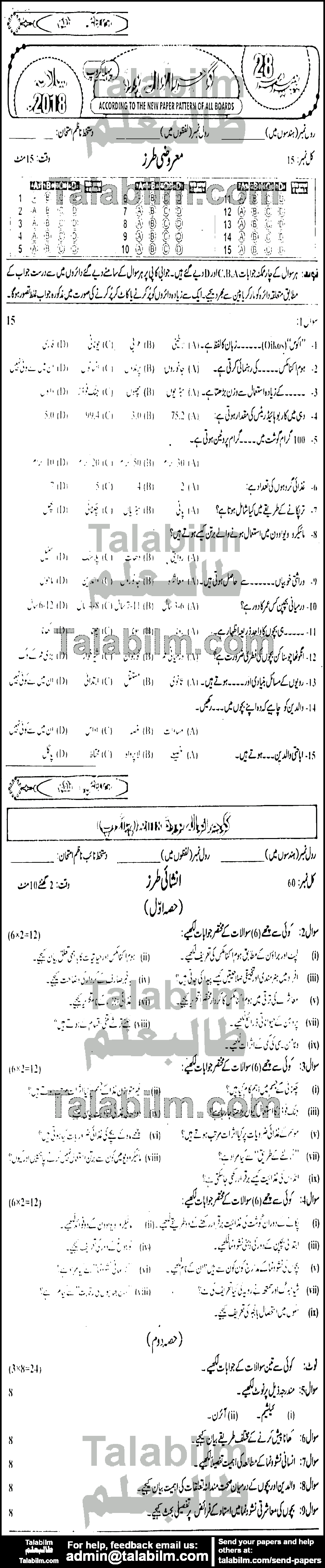 Home Economics 0 past paper for Urdu Medium 2018 Group-I