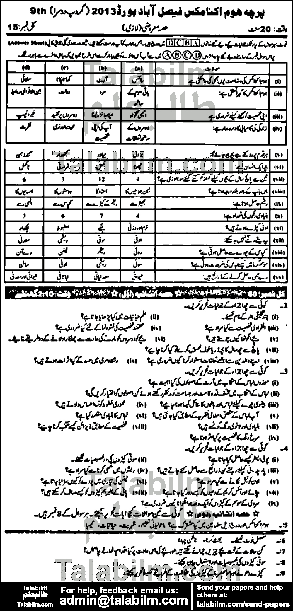 Home Economics 0 past paper for Urdu Medium 2013 Group-II