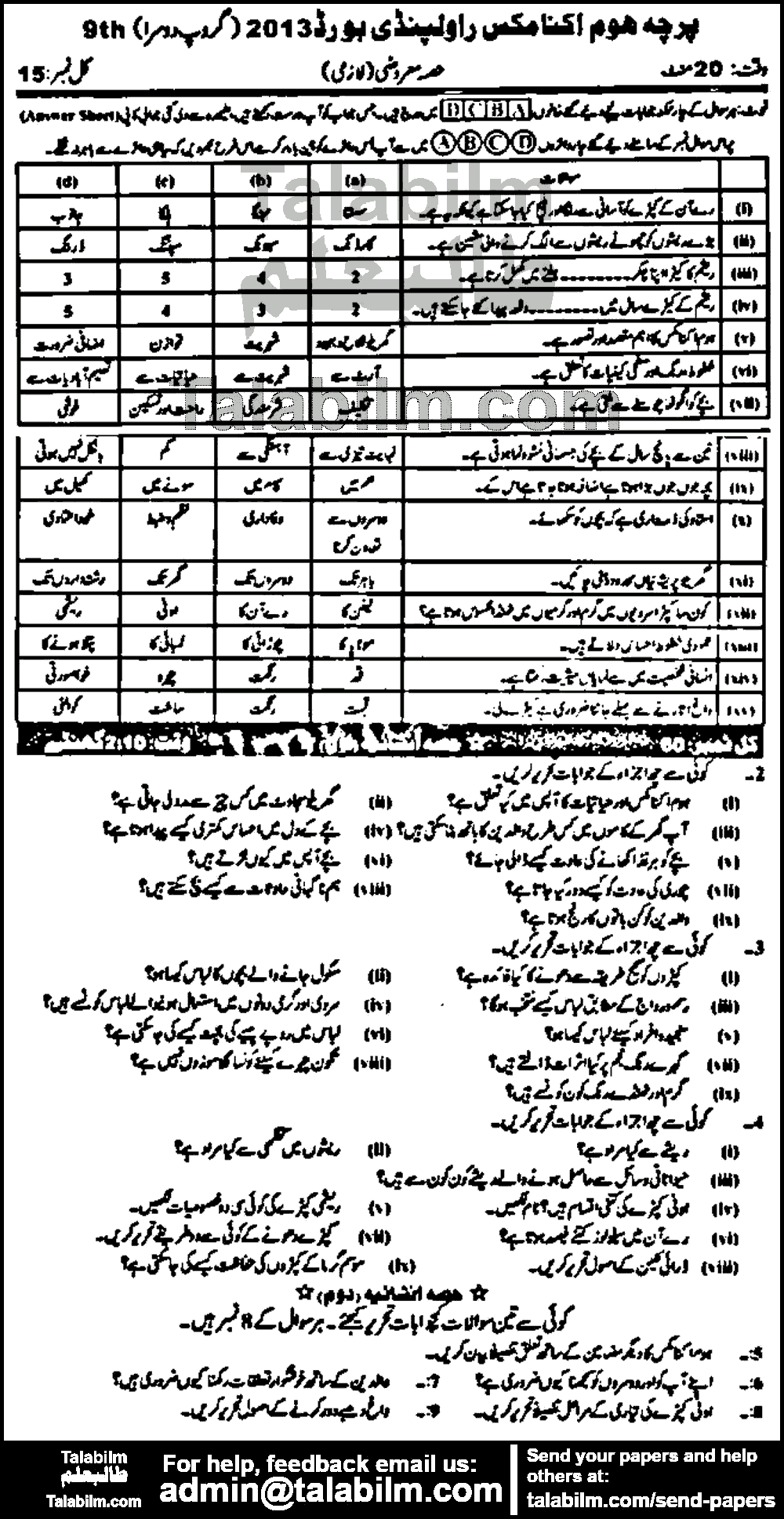 Home Economics 0 past paper for Urdu Medium 2013 Group-II