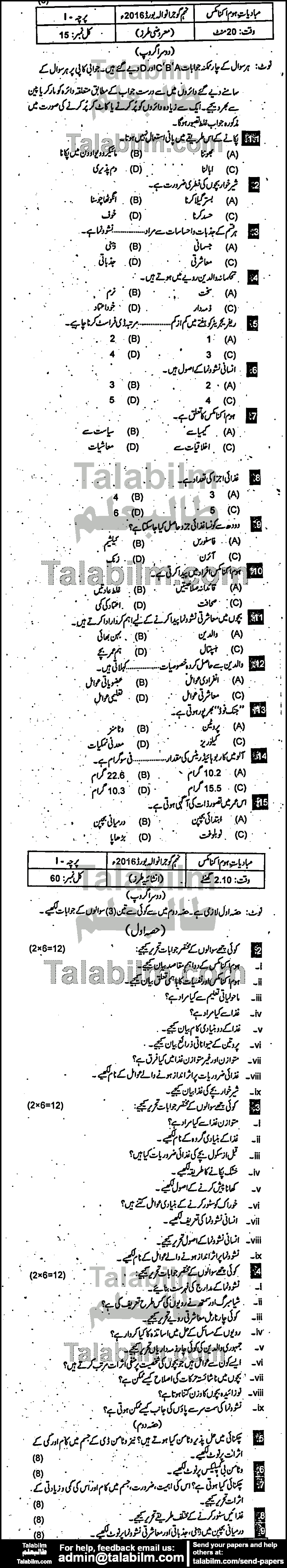 Home Economics 0 past paper for Urdu Medium 2016 Group-II