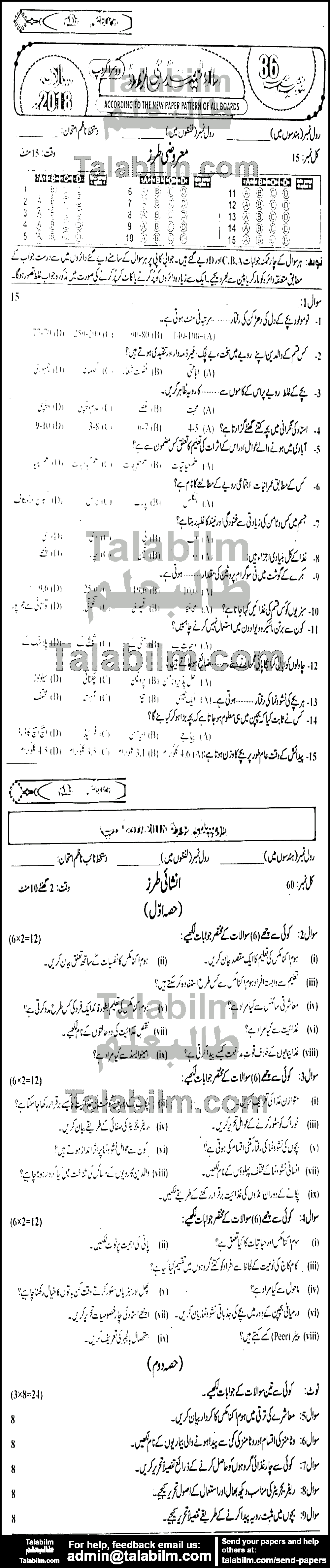 Home Economics 0 past paper for 2018 Group-II