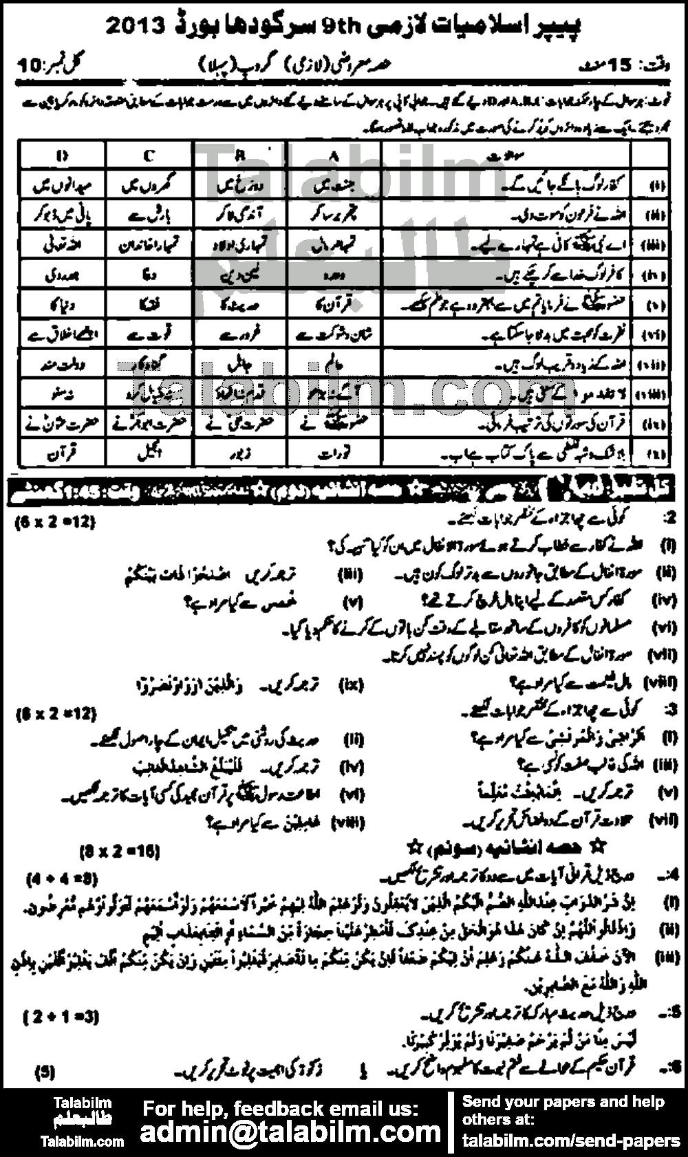 Islamiat Compulsory 0 past paper for Urdu Medium 2013 Group-I