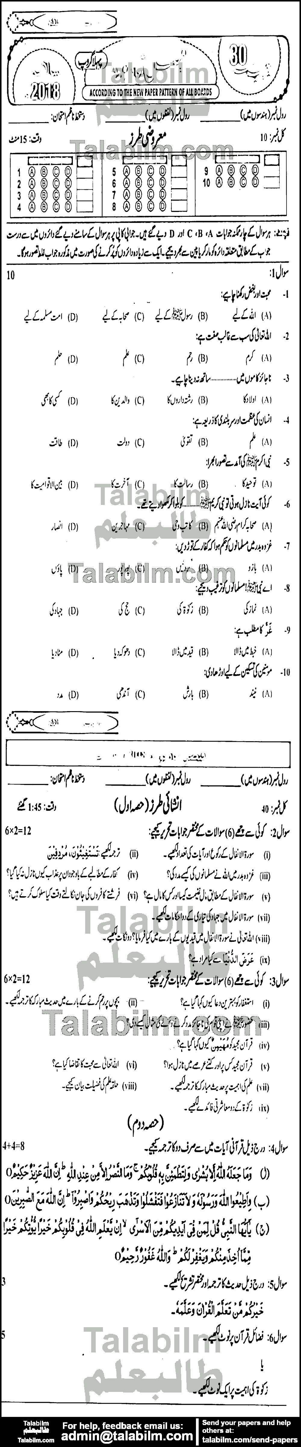 Islamiat Compulsory 0 past paper for 2018 Group-I