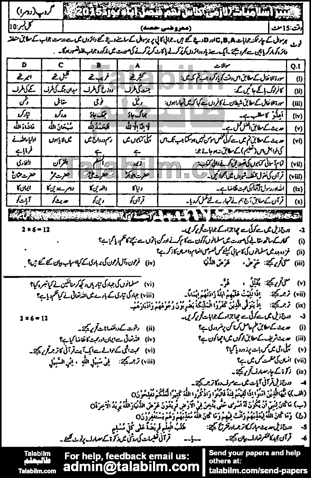 Islamiat Compulsory 0 past paper for 2015 Group-II