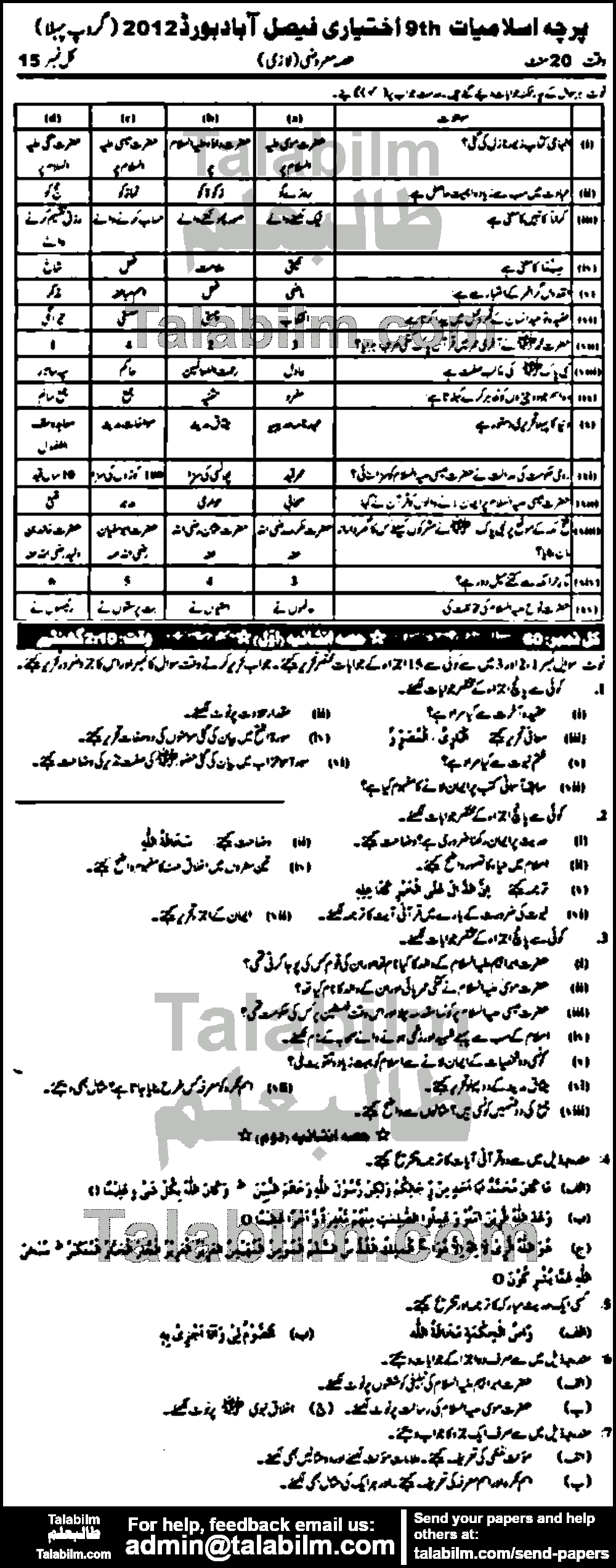 Islamiat Elective 0 past paper for Urdu Medium 2012 Group-I