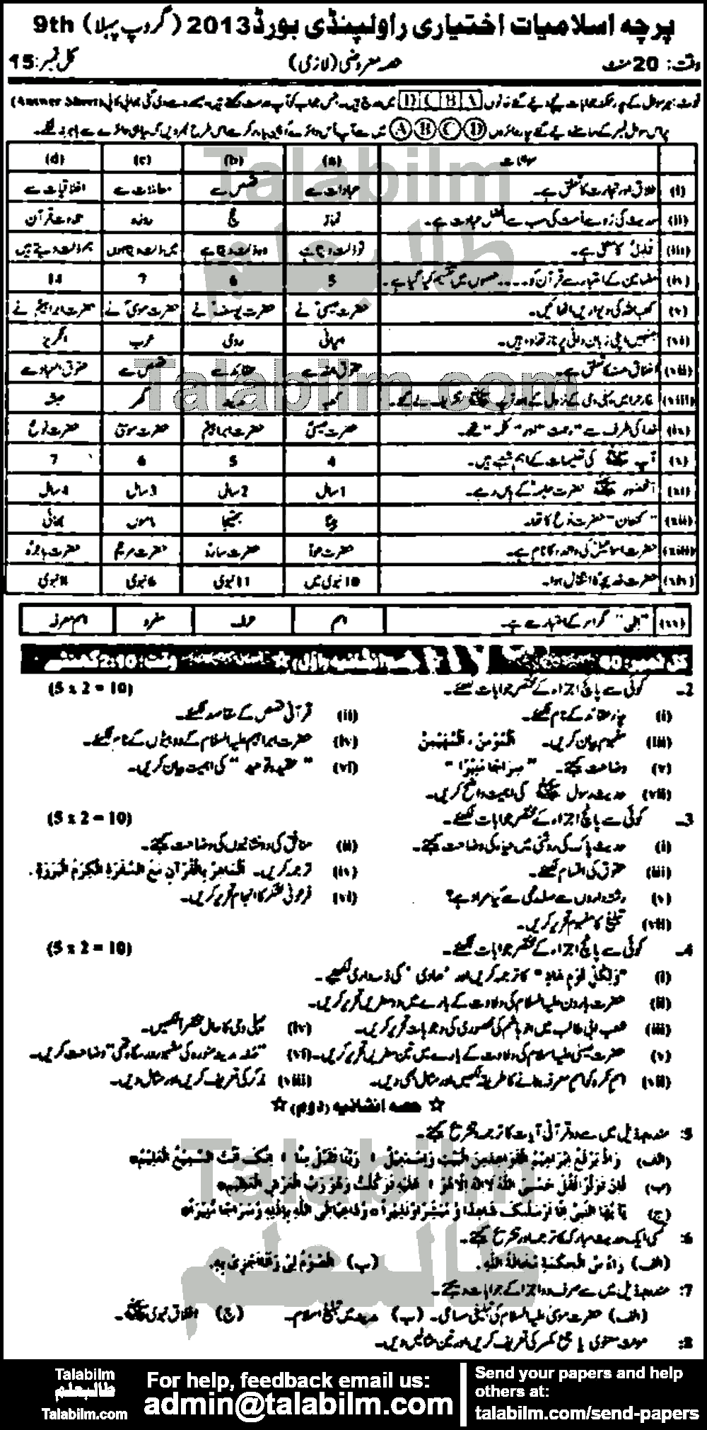 Islamiat Elective 0 past paper for Urdu Medium 2013 Group-I